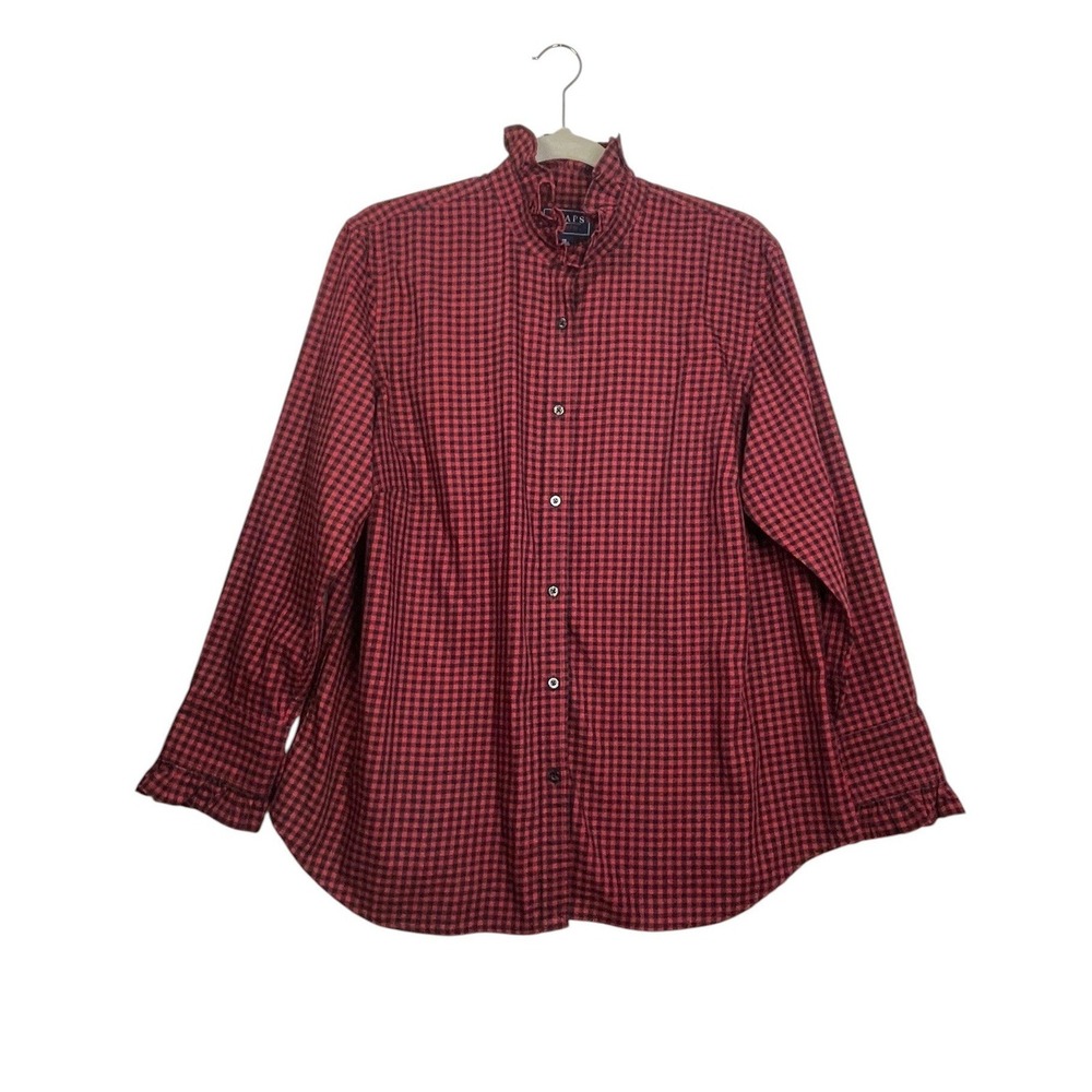 Chaps Denim 1X Buffalo Buffalo Plaid Ruffle Collar Button Front Shirt Red‎ Black